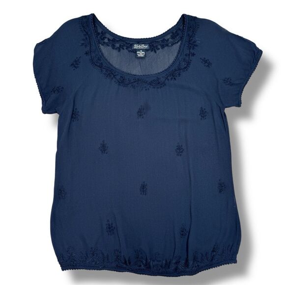 Lucky Brand Embroidered Sheer Chiffon Tee Shirt Navy Blue XS - Picture 11 of 11